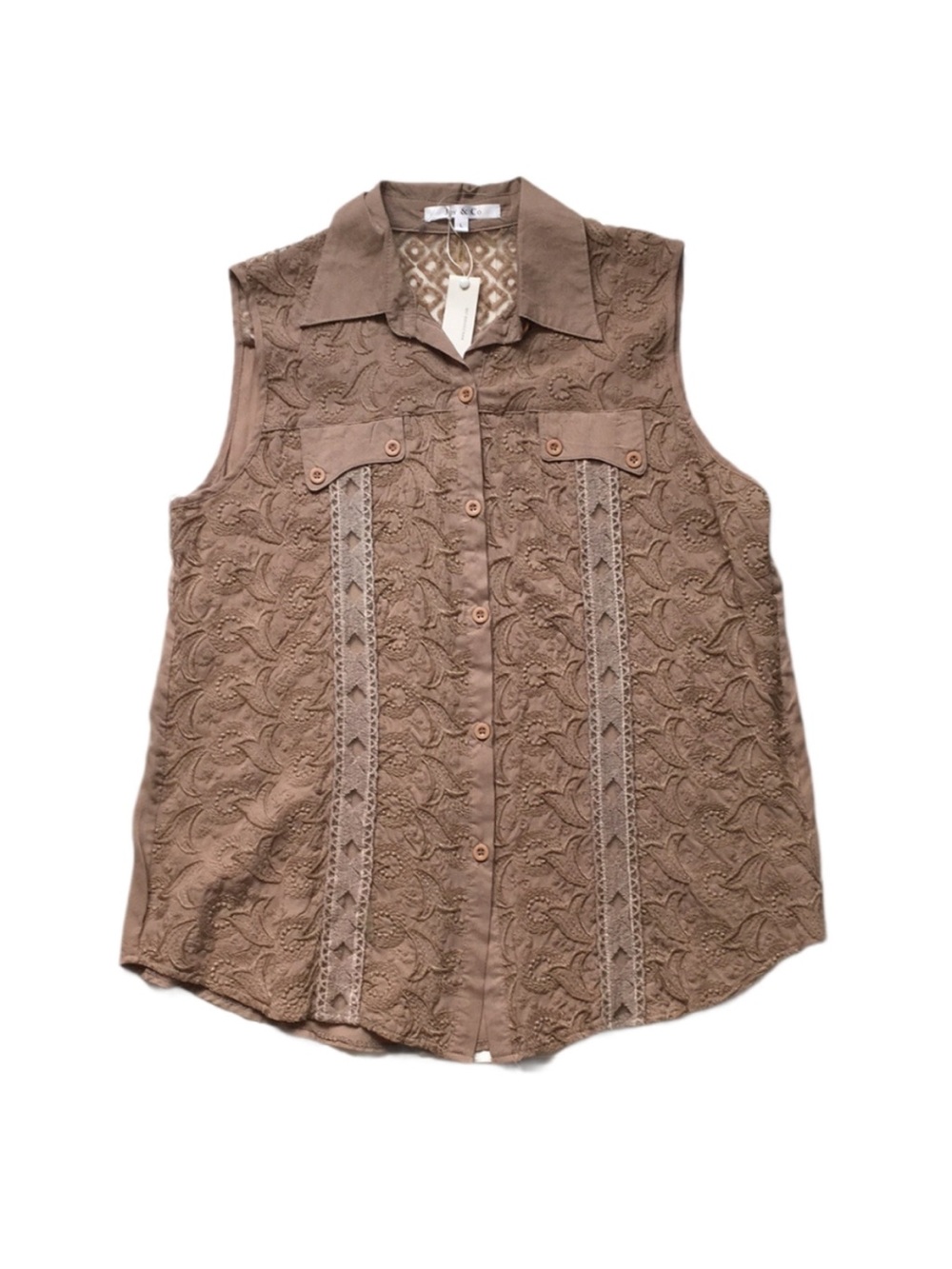 NWT JOY & CO Front Button collared Top. Camel color w embroidery, sleeveless Lg - Picture 9 of 10
